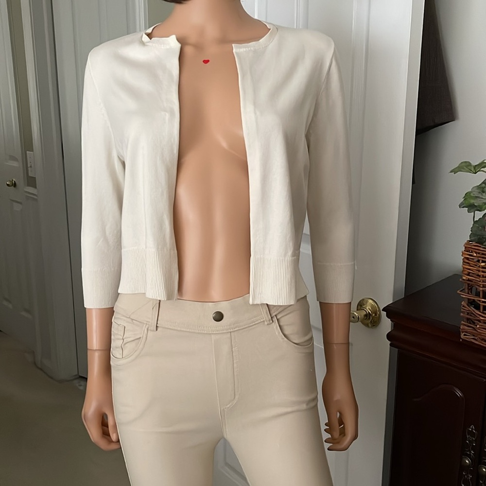 NWOT Ann Taylor Silk Cotton Cropped Open Sweater Lightweight Knit Classic - Picture 2 of 10